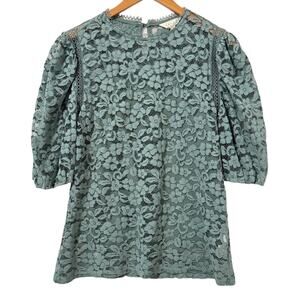 Adiva Puff Sleeve Floral Lace Blouse Size M Pale Green Cottagecore Femme Whimsy